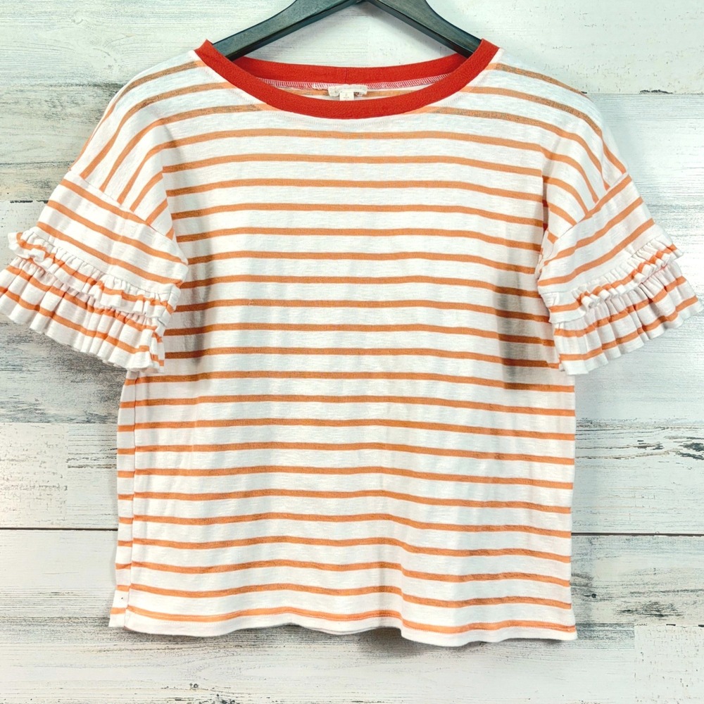 Hem &‎ Thread Womens Orange White Striped Ruffle Sleeve Knit Top Style 31858 XS